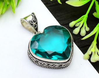Blue Aquamarine Pendant 925 Sterling Silver Necklace, Handmade Gemstone Jewelry Gift for Her, March Birthstone Necklace