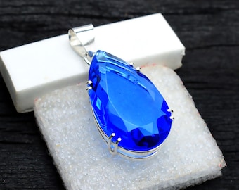 Dark Blue Topaz Pendant Necklace 925 Sterling Silver, Handmade Blue Gemstone Jewelry Gift for Her, December Birthstone