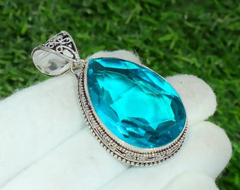 Blue Topaz Pendant 925 Sterling Silver Necklace, Handmade Blue Gemstone Jewelry Gift for Her, December Birthstone Necklace