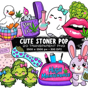May include: A collection of cute stoner-themed illustrations. Includes a duck on a disco ball, a ghost with a bong, a bunny holding a bag of buds, and a pink phone with text that says "I have weed. Bring snacks."