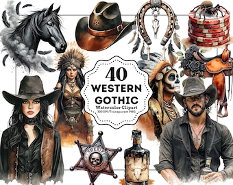 Western Gothic Clipart | Gothic Western PNG Bundle | Dark Moody Cowboy & Wild West Graphics
