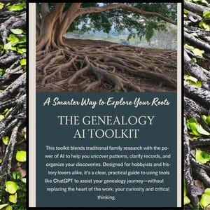 May include: An image of a tree's exposed roots with the text "A Smarter Way to Explore Your Roots" and "THE GENEALOGY AI TOOLKIT." The text below describes the toolkit's use of AI to assist in genealogy research, designed for hobbyists and history enthusiasts.