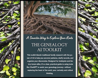 May include: Image features a tree with exposed roots and the text "A Smarter Way to Explore Your Roots" and "THE GENEALOGY AI TOOLKIT." The text below describes the toolkit's use of AI to assist in genealogy research, designed for hobbyists and history enthusiasts.