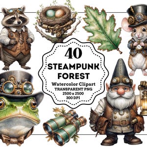 May include: Watercolor clipart set featuring steampunk forest animals, including a raccoon, mouse, frog, and gnome, all adorned with goggles and gears. The image also includes a nest with eggs, a leaf, and binoculars. The text reads "40 Steampunk Forest".