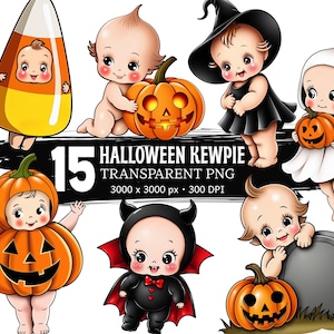 May include: A digital illustration featuring seven Kewpie-style babies dressed in Halloween costumes. Costumes include a witch, ghost, pumpkin, and devil. The image includes the text "15 HALLOWEEN KEWPIE TRANSPARENT PNG".