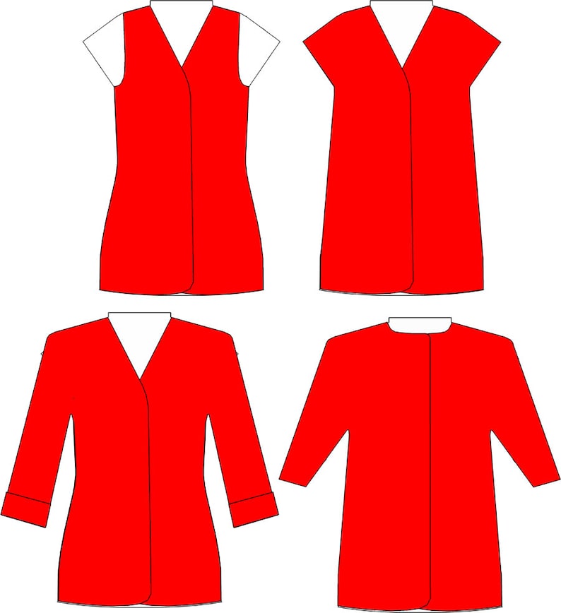 May include: Four red garment designs are displayed. The designs include a sleeveless vest, a short-sleeved top, a three-quarter-sleeve jacket, and a long-sleeved jacket. Each garment has a white collar and a V-neck or round neck design.