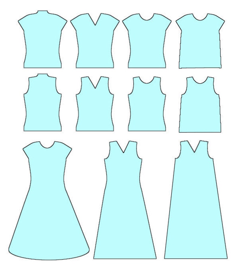May include: A set of 11 different sewing patterns for tops and dresses. The patterns are all light blue and are shown on a white background.