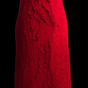 May include: A sleeveless red dress with a textured, crinkled fabric. The dress has a fitted silhouette and a slightly flared skirt.