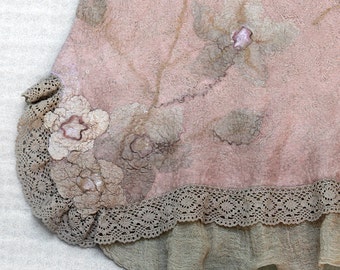 Nuno felting TUTORIAL easy felt making instructions making pink felted dress little girl with flowers, lace and ruffles wet felting tutorial