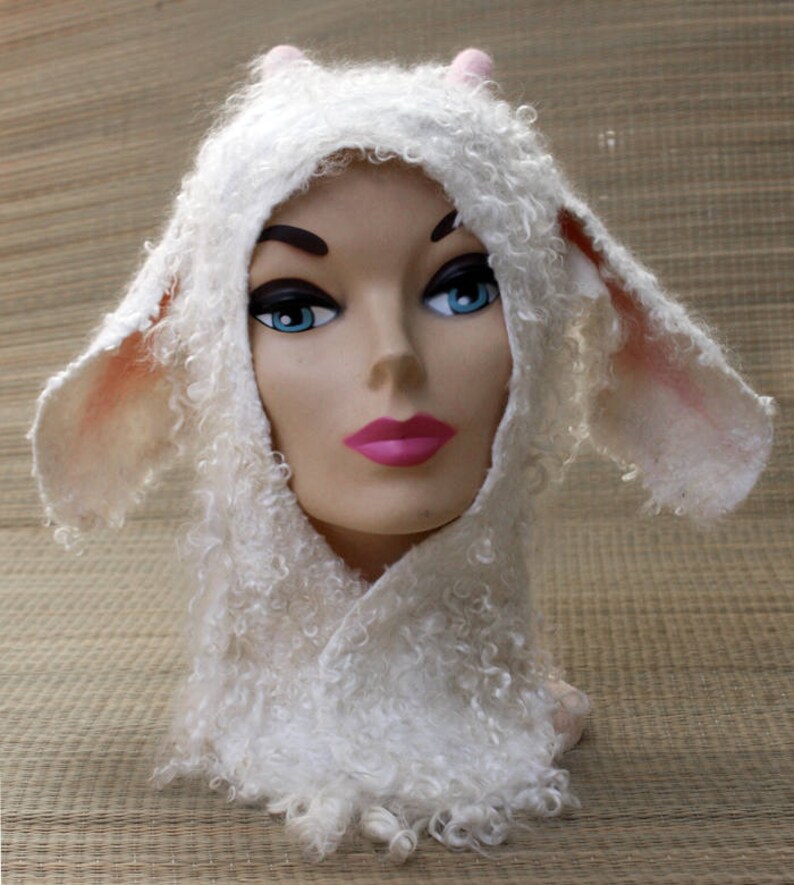 Eco friendly mohair fur felted wool white hat winter ears sheep ewe warm costume designer unusual Halloween unique present winter wear gift