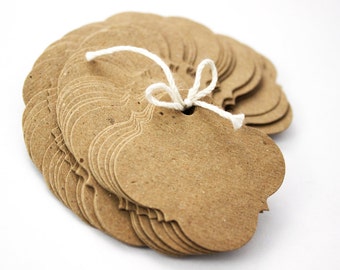 Quatrefoil Hang Tags - 100 Kraft gift or price tags - die cut diamond bracket shape, unique favor label - 1.75" x 1.75"