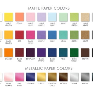Peut inclure: Un tableau pr&eacute;sentant diff&eacute;rentes couleurs de papier, avec des finitions mattes et m&eacute;tallis&eacute;es. Le tableau comprend des couleurs telles que blanc, jaune clair, corail, rose clair, violet clair, bleu clair, menthe, vert clair, kraft clair, gris clair, cr&egrave;me, jaune fonc&eacute;, rouge, rose fonc&eacute;, violet, bleu, aqua, vert, kraft, gris fonc&eacute;, beige, orange, rouge fonc&eacute;, aubergine, violet fonc&eacute;, bleu fonc&eacute;, sarcelle, vert fonc&eacute;, marron, noir, cristal, quartz rose, rubis rose, saphir, or, or antique, bronze, argent, &eacute;tain et onyx.