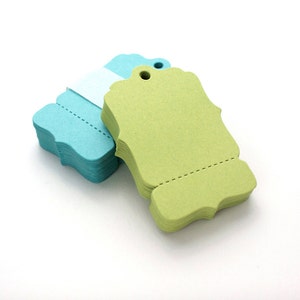 25 Perforated Die Cut Hang Tags - Small 1.5&quot; x 2.25&quot; Bracket Swing Tags - tear-off price section - blank, many colors available