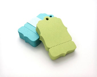 25 Perforated Die Cut Hang Tags - Small 1.5" x 2.25" Bracket Swing Tags - tear-off price section - blank, many colors available
