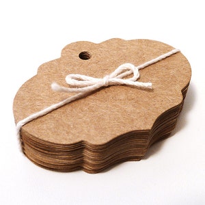 Hang Tags, Gift Tags - Kraft, unique die cut oval deco bracket shape, set of 100 - swing tags, product labels, price tags - 2.25&quot; x 1.625&quot;