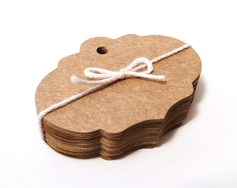 Hang Tags, Gift Tags - Kraft, unique die cut oval deco bracket shape, set of 100 - swing tags, product labels, price tags - 2.25" x 1.625"