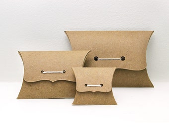 Pillow Box Sampler Set - Ribbon Tie Gift Boxes, Medium, Small, Mini variety pack - 2 of each size - recycled Kraft eco packaging