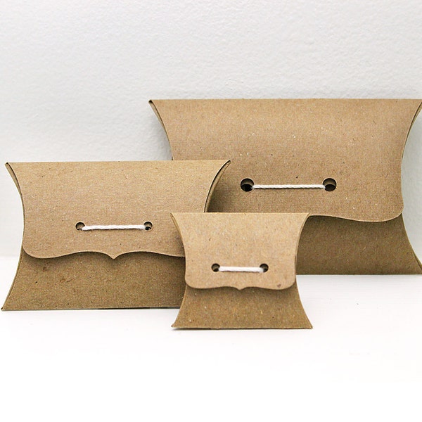 Pillow Box Sampler Set - Ribbon Tie Gift Boxes, Medium, Small, Mini variety pack - 2 of each size - recycled Kraft eco packaging