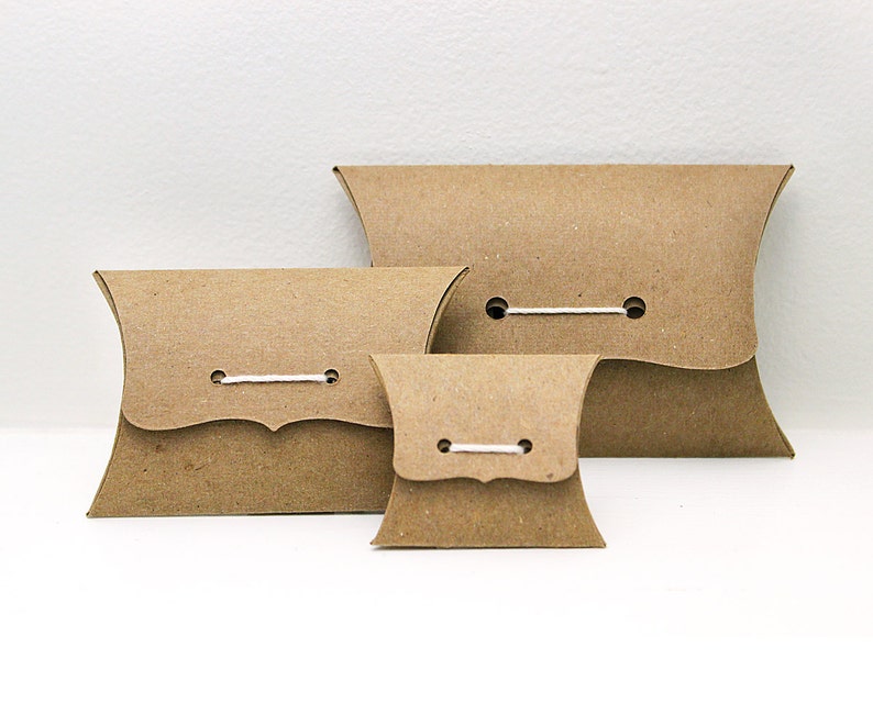 Pillow Box Sampler Set Ribbon Tie Gift Boxes, Medium, Small, Mini variety pack 2 of each size recycled Kraft eco packaging image 1