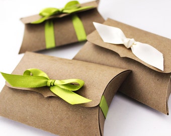 Kraft Pillow Boxes, 10 Medium Ribbon Tie, gift card holder - rustic jewelry packaging, unique DIY wedding favor candy box, product packaging