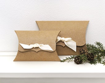150 Kraft Pillow Boxes -Ribbon-Tie Gift or Packaging Box - gift card holder, jewelry, lip balm, photographer flash drive wedding favor candy