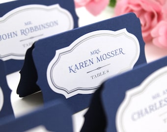 Custom Place Cards, wedding escort cards, printed or blank layered name tents, buffet labels, unique die-cut bracket