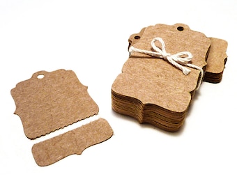 100 Perforated Hang Tags, Small Bracket Kraft Price Tags - Blank with Tear Off Section - Boutique Swing Tag