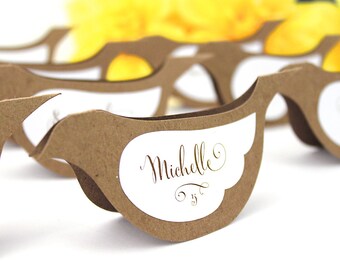 Bird Place Cards, unique wedding escort cards, blank or printed, layered tented name table cards, rustic die-cut dove shape, custom tents