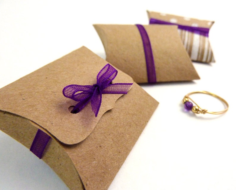 Mini Pillow Boxes 20 DIY Kraft favor boxes, 2 x 1.5 x .5, jewelry packaging, small gift box, ribbon tie closure, natural kraft or white image 1