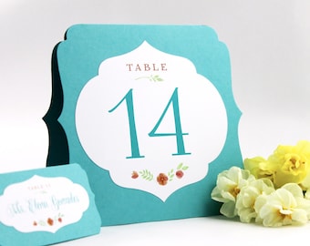 Floral Table Number Tents - Double-sided layered number cards, large elegant wedding event signs, self-standing tented or flat, many colors