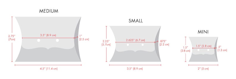 Puede incluir: Diagrama que muestra tres tama&ntilde;os de cajas de almohada: Mediana (11,4 cm por 8,9 cm), Peque&ntilde;a (8,9 cm por 6,7 cm) y Mini (5 cm por 3,8 cm).