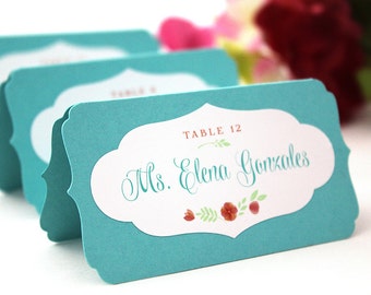 Custom Escort Cards, printed floral wedding place cards, unique layered name tents, metallic ink available