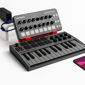 Può includere: Un controller MIDI Novation Launchcontrol grigio e una tastiera RKAIMRK mini grigia. Il Launchcontrol ha manopole nere e pulsanti bianchi. La tastiera ha tasti neri e grigi e manopole nere. È collegato un adattatore di alimentazione nero.