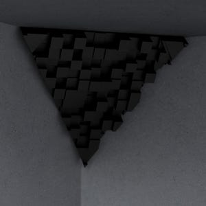 Könnte beinhalten: Schwarze, geometrische Wandkunst in Dreiecksform, bestehend aus zahlreichen kleinen, strukturierten, quadratischen Blöcken. Das Kunstwerk ist in einer Ecke montiert und erzeugt einen dreidimensionalen Effekt. Der Hintergrund ist ein gedämpftes Grau.