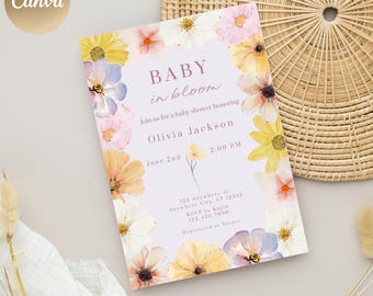 Baby In Bloom Shower Invitation, Girl Baby Shower Invitation, Floral Shower Invitation, Editable Shower Invitation with Canva