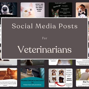 Puede incluir: Un conjunto de publicaciones en redes sociales para veterinarios, con imágenes de mascotas y texto informativo. Las publicaciones cubren temas como vacunas, salud felina, signos de dolor, nutrición y prevención de parásitos. El texto central dice "Social Media Posts For Veterinarians."