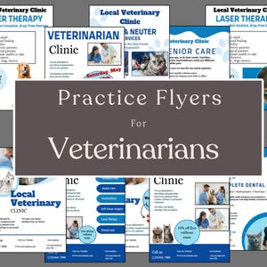 May include: A collection of flyers for a veterinary clinic, featuring images of pets and clinic services. The flyers are in shades of blue and white, with text including "Laser Therapy" and "Senior Care."