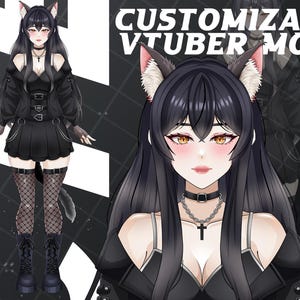 Op de afbeelding: Een digitale illustratie van een aanpasbaar VTuber-model met een personage met lang zwart haar, kattenoren en amberkleurige ogen. Het personage draagt een zwarte top met blote schouders, een geplooide rok, visnetkousen en zwarte laarzen.