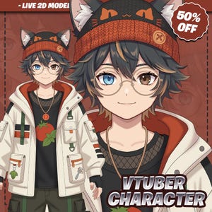 Puede incluir: Una ilustración de personaje estilo anime con cabello oscuro, ojos de distinto color y gafas redondas. Viste una camiseta negra con un gráfico de tomate, una chaqueta utilitaria blanca y un gorro negro con orejas de gato y 50% OFF.