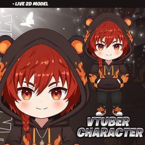 May include: A digital illustration of a VTuber character with red hair and a black hoodie with orange flame accents. The character has a bear-shaped hood and is wearing a necklace. The text "VTUBER CHARACTER" is displayed at the bottom.