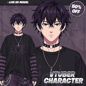 Op de afbeelding: Een digitale illustratie van een personage met donkerpaars haar, gekleed in een zwart T-shirt met hartmotief over een paars-zwart gestreept shirt met lange mouwen, een halsband met studs en zilveren kettingen. Tekst: LIVE 2D MODEL, 50% OFF, VTUBER CHARACTER.
