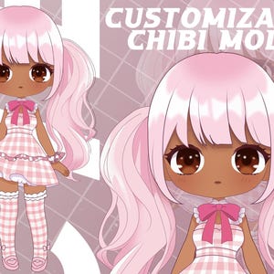 Pode incluir: Ilustração de um modelo chibi personalizável com rabos de cavalo rosa. O chibi usa um vestido xadrez rosa e branco, meias e sapatos combinando. O texto "CUSTOMIZABLE CHIBI MODEL" é exibido em branco.