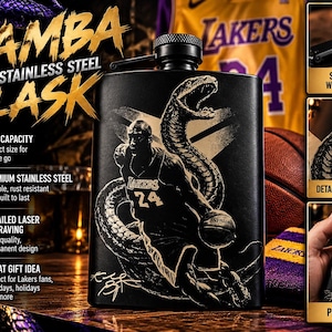 May include: A black 8 oz stainless steel flask featuring a laser-engraved graphic of a basketball player in a jersey with the number 24 and a large snake. The flask includes a secure screw cap with a retention arm and text reading Mamba Flask.
