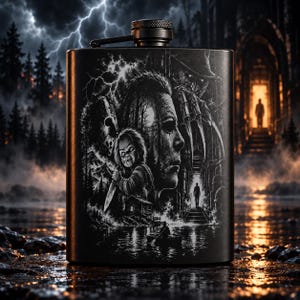 May include: A black metal flask featuring a detailed monochromatic graphic print of various horror movie characters, including a doll with a knife, a masked figure, and a clawed hand, set against a dark, stormy forest and water landscape.