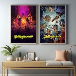 May include: Two framed art prints. The left print depicts figures around a fire in a forest, with the text "Yellowjackets" in yellow script. The right print shows animal-human hybrids with the same text.