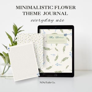 May include: A minimalist flower theme journal with the text "everyday use". The journal features a floral pattern with green leaves and blue flowers. A tablet and a notepad are also visible.