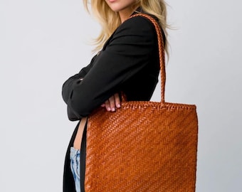 Handwoven Leather Tote Bag, Genuine Cowhide Shoulder Bag