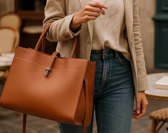 May include: A large, brown leather tote bag with a shoulder strap and a silver-colored clasp. The bag is rectangular with a structured design. The image also shows a beige blazer, a white V-neck shirt, and blue jeans. The text at the bottom says "Each piece is unique - color may vary slightly."