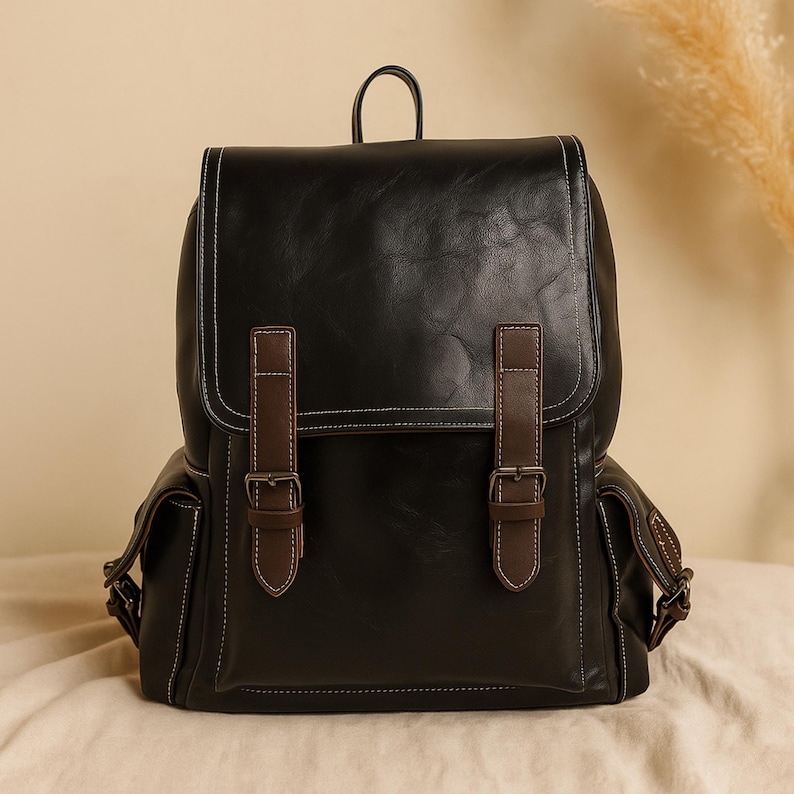Women's Vintage Vegan Leather Backpack – French Designer Style, Large Capacity, Waterproof PU