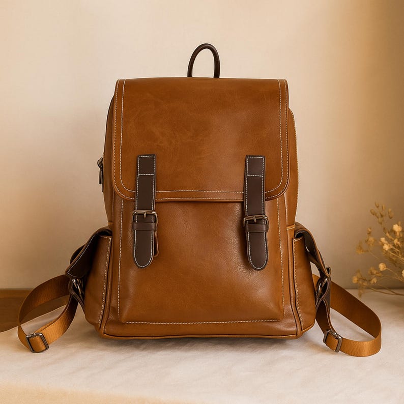 Women's Vintage Vegan Leather Backpack – French Designer Style, Large Capacity, Waterproof PU